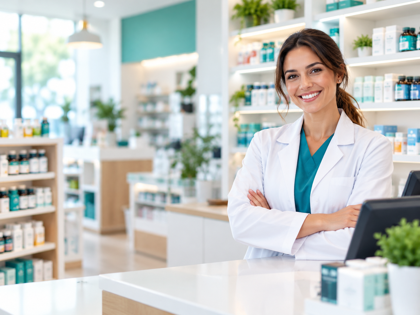 Friendly pharmacist in a modern pharmacy